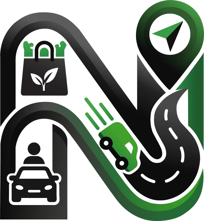 Noago founding concept: one road linking groceries, delivery, a car and a map pin